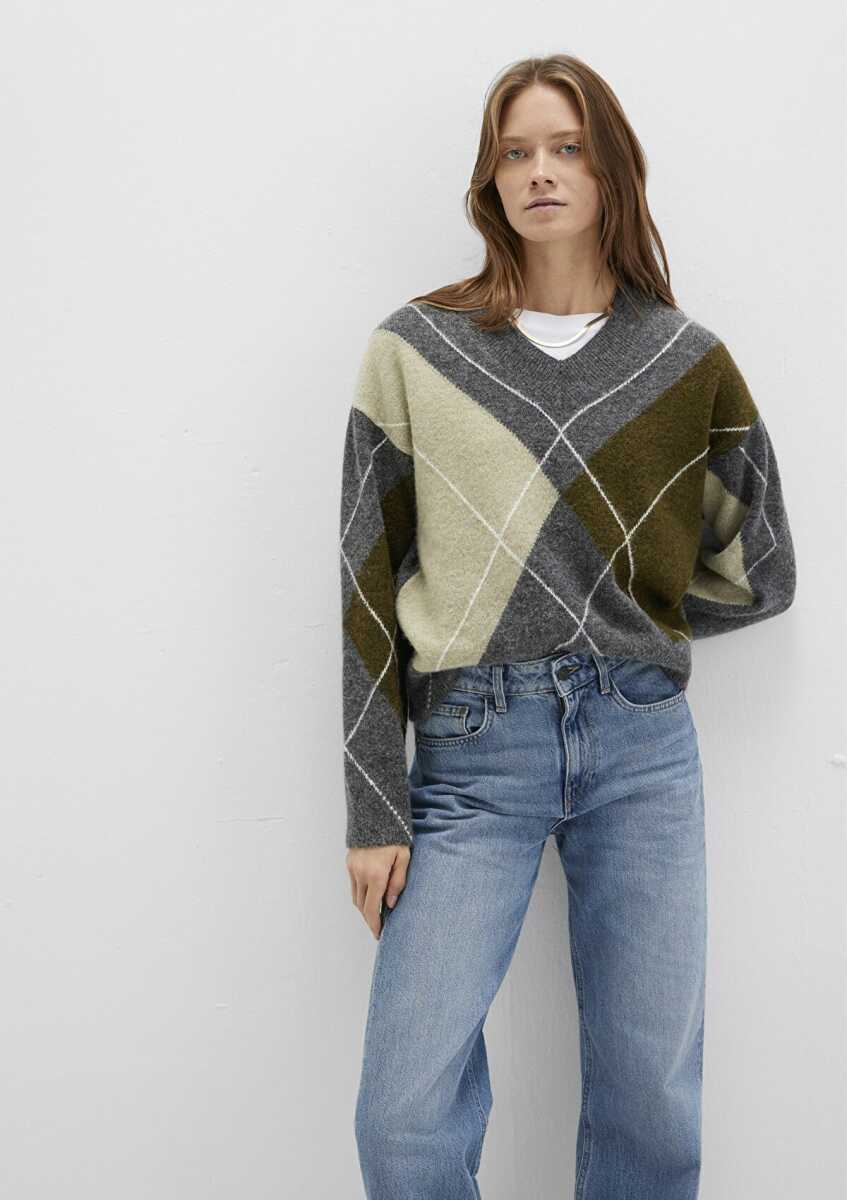 Mavi Baklava Desenli Gri Loose Fit Kadın Kazak 1710826-87829 - Mavi (1)