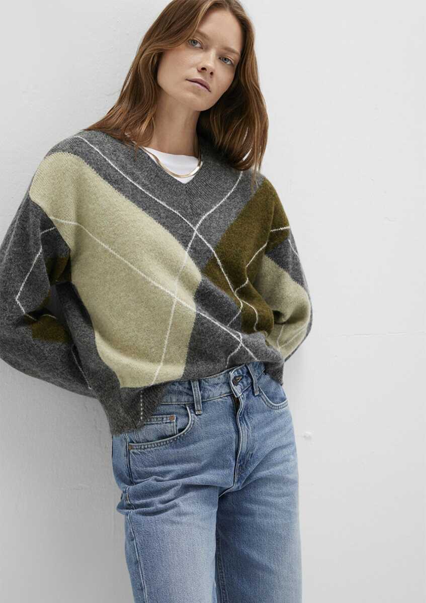 Mavi Baklava Desenli Gri Loose Fit Kadın Kazak 1710826-87829 - 1
