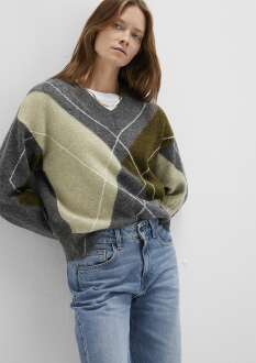 Mavi Baklava Desenli Gri Loose Fit Kadın Kazak 1710826-87829