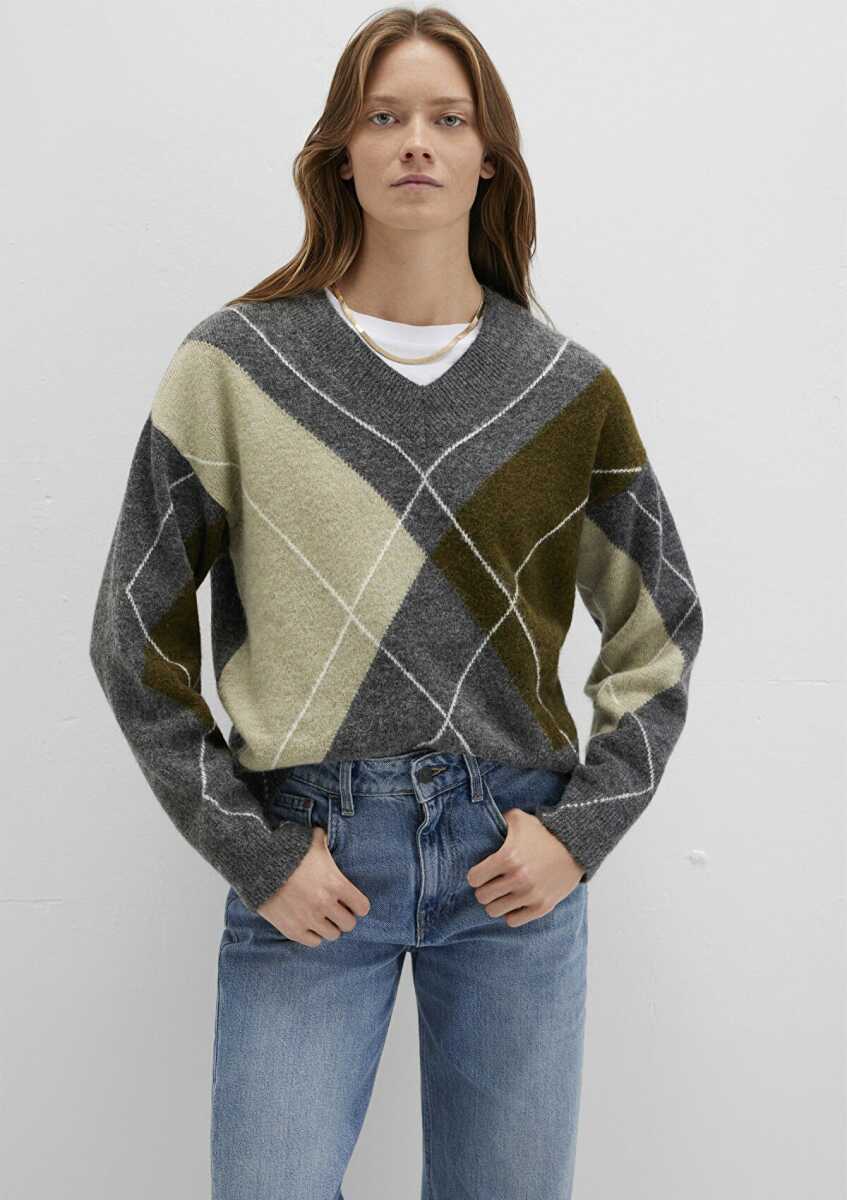 Mavi Baklava Desenli Gri Loose Fit Kadın Kazak 1710826-87829 - 3