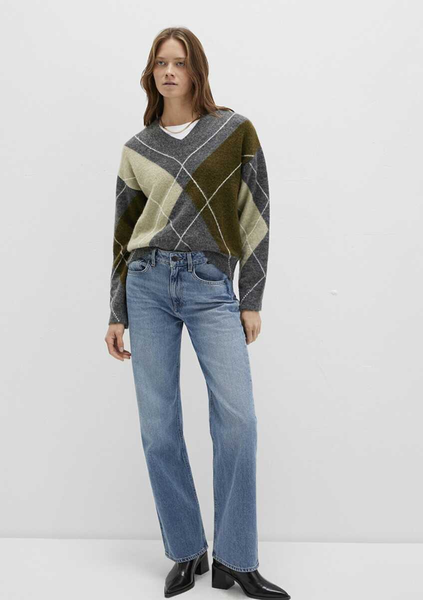Mavi Baklava Desenli Gri Loose Fit Kadın Kazak 1710826-87829 - 4
