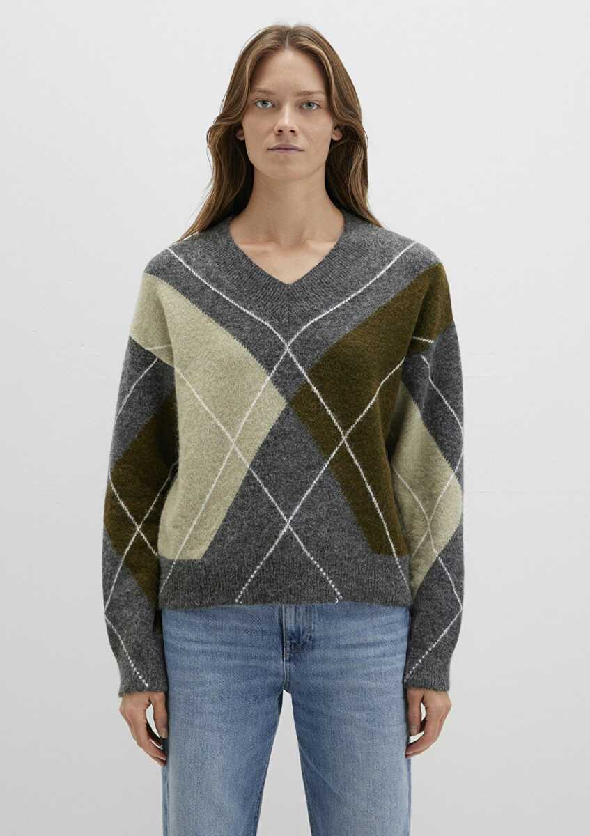 Mavi Baklava Desenli Gri Loose Fit Kadın Kazak 1710826-87829 - 5