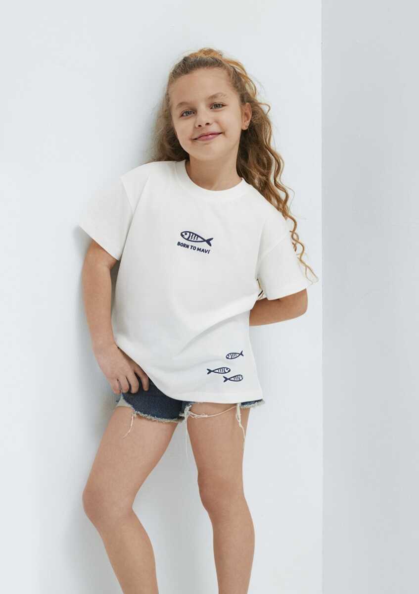 Mavi Balık Baskılı Ekru Loose Fit Çocuk Tişört 7610438-70057 (1)