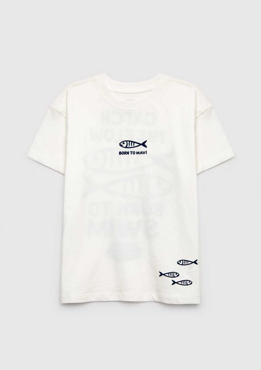 Mavi Balık Baskılı Ekru Loose Fit Çocuk Tişört 7610438-70057 - 3