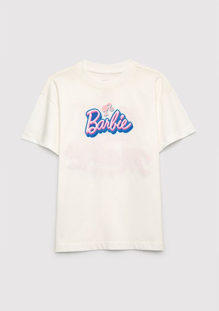 Mavi Barbie Baskılı Ekru Loose Fit Çocuk Tişört 7610453-70057
