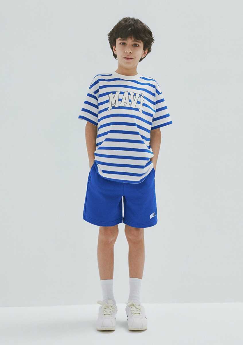 Mavi Baskılı Çizgili Loose Fit Çocuk Tişört 6610251-91364