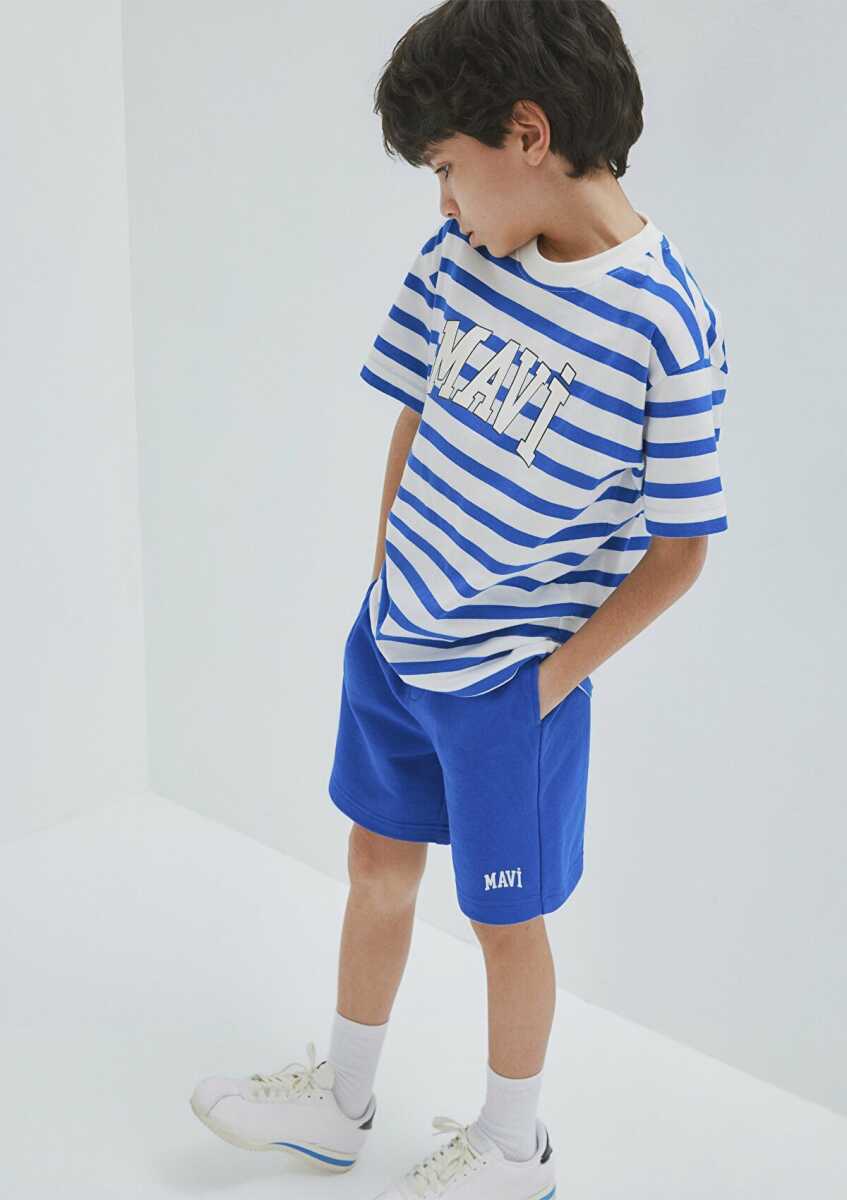 Mavi Baskılı Çizgili Loose Fit Çocuk Tişört 6610251-91364 - 2