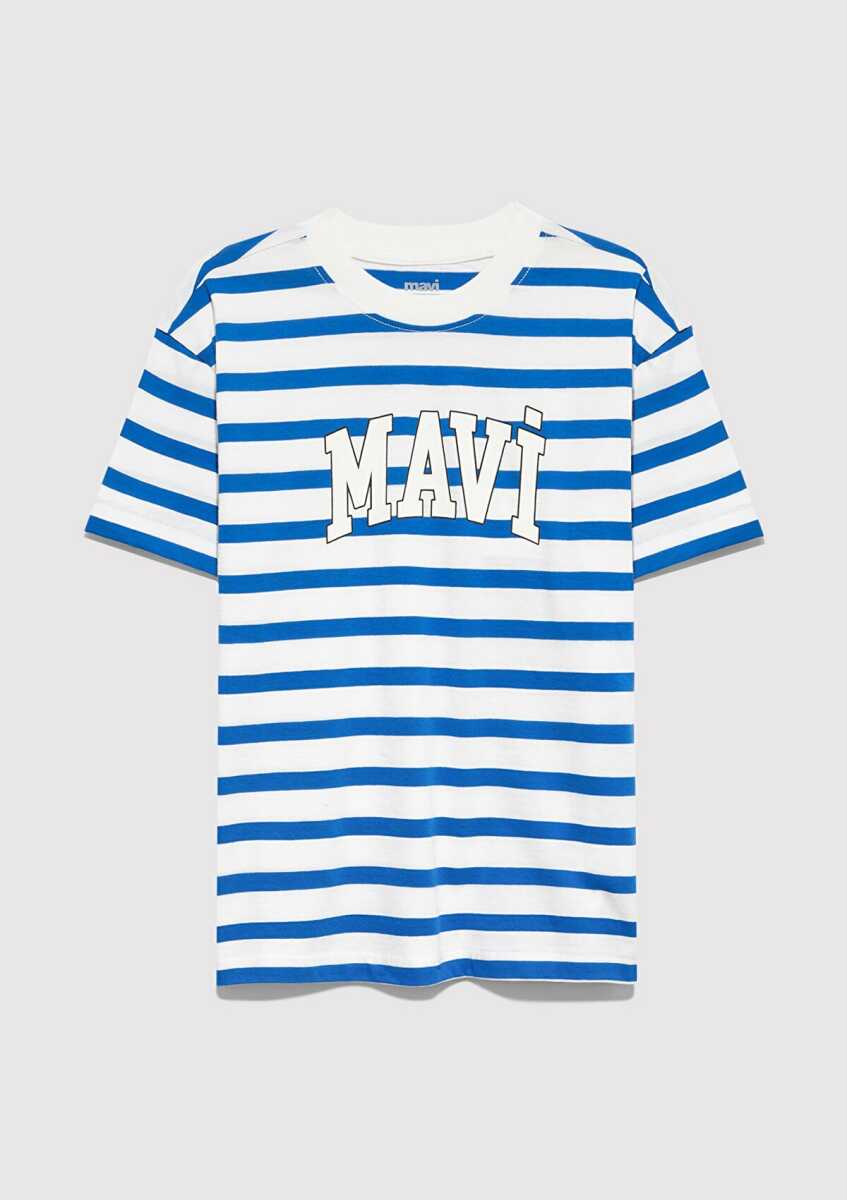Mavi Baskılı Çizgili Loose Fit Çocuk Tişört 6610251-91364 - 3