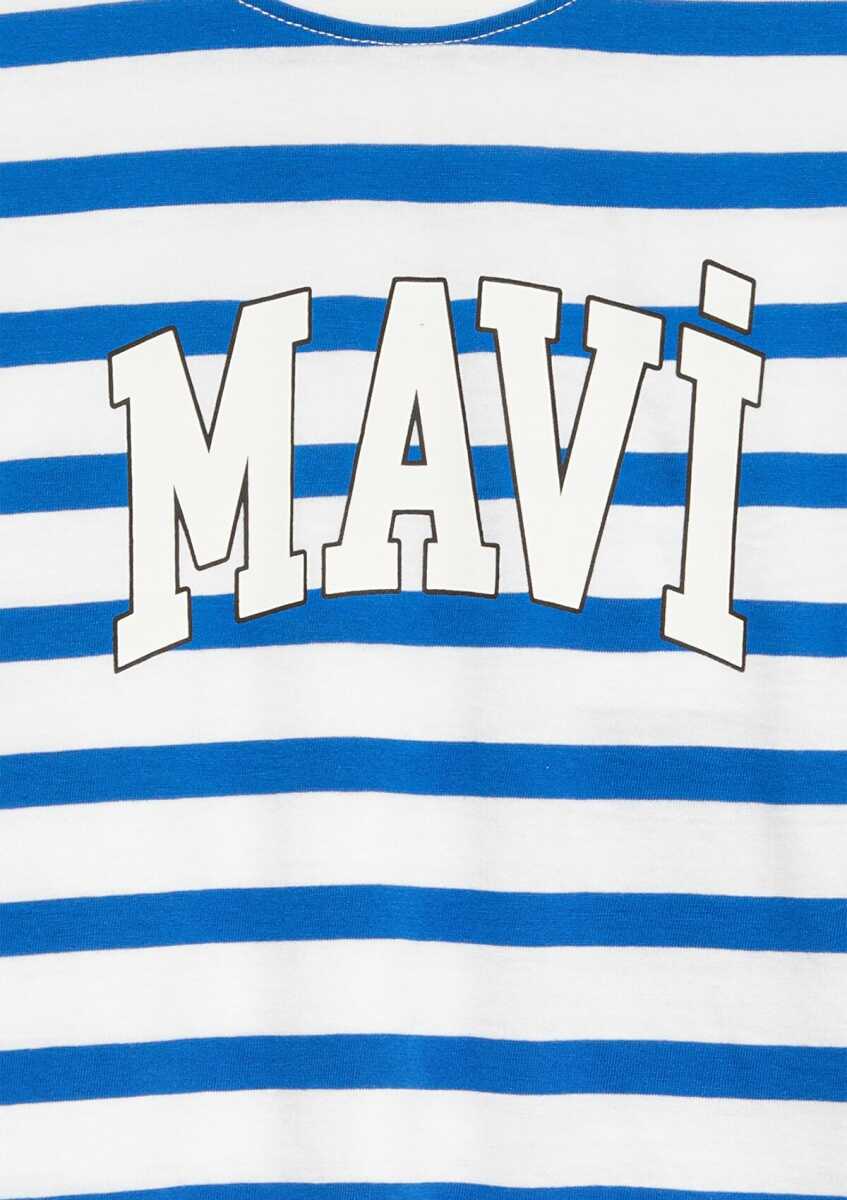 Mavi Baskılı Çizgili Loose Fit Çocuk Tişört 6610251-91364 - 5