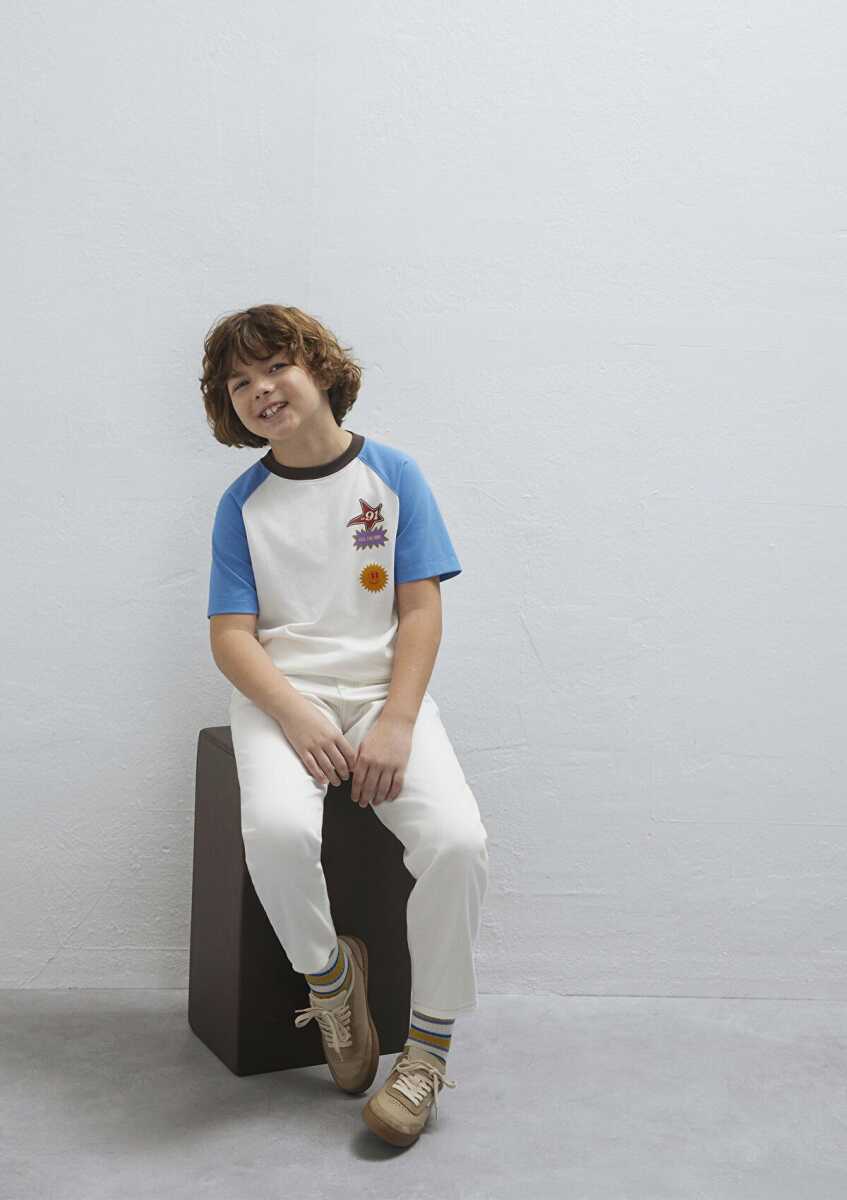 Mavi Baskılı Ekru Loose Fit Çocuk  Tişört 6610410-70057