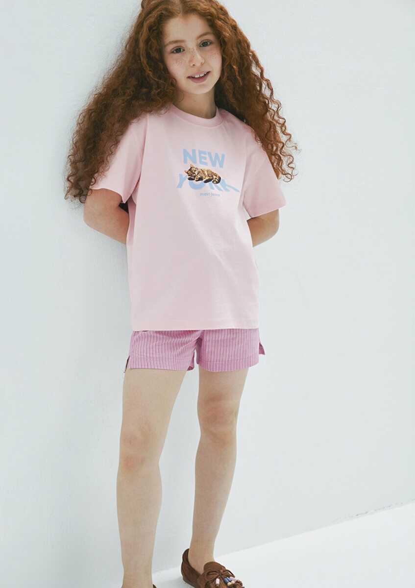 Mavi Baskılı Pembe Loose Fit Çocuk Tişört 7610402-71007