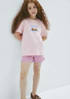 Mavi Baskılı Pembe Loose Fit Çocuk Tişört 7610402-71007