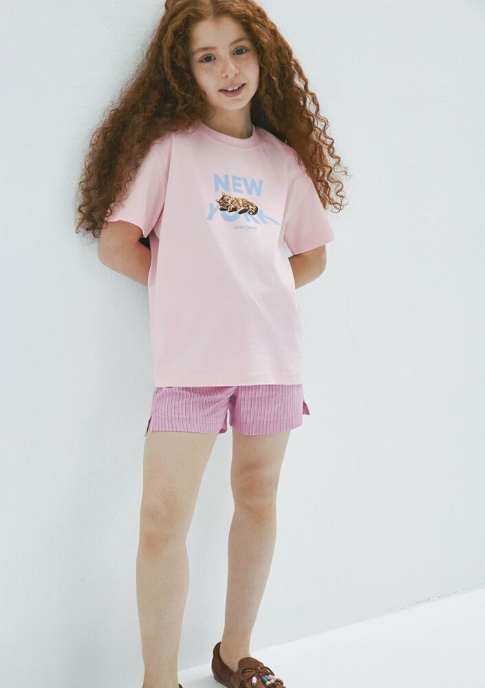 Mavi Baskılı Pembe Loose Fit Çocuk Tişört 7610402-71007