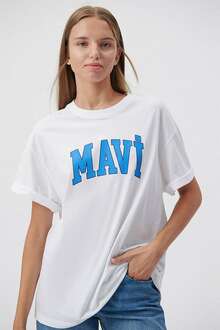 Mavi Baskılı Süt Beyaz Kadın Tişört 1600843-70000 