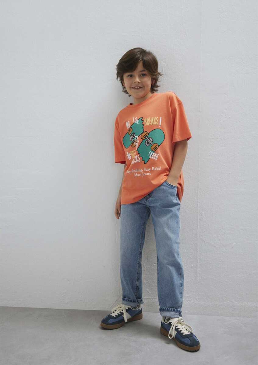 Mavi Baskılı Turuncu Oversize Çocuk Tişört 6610448-71268