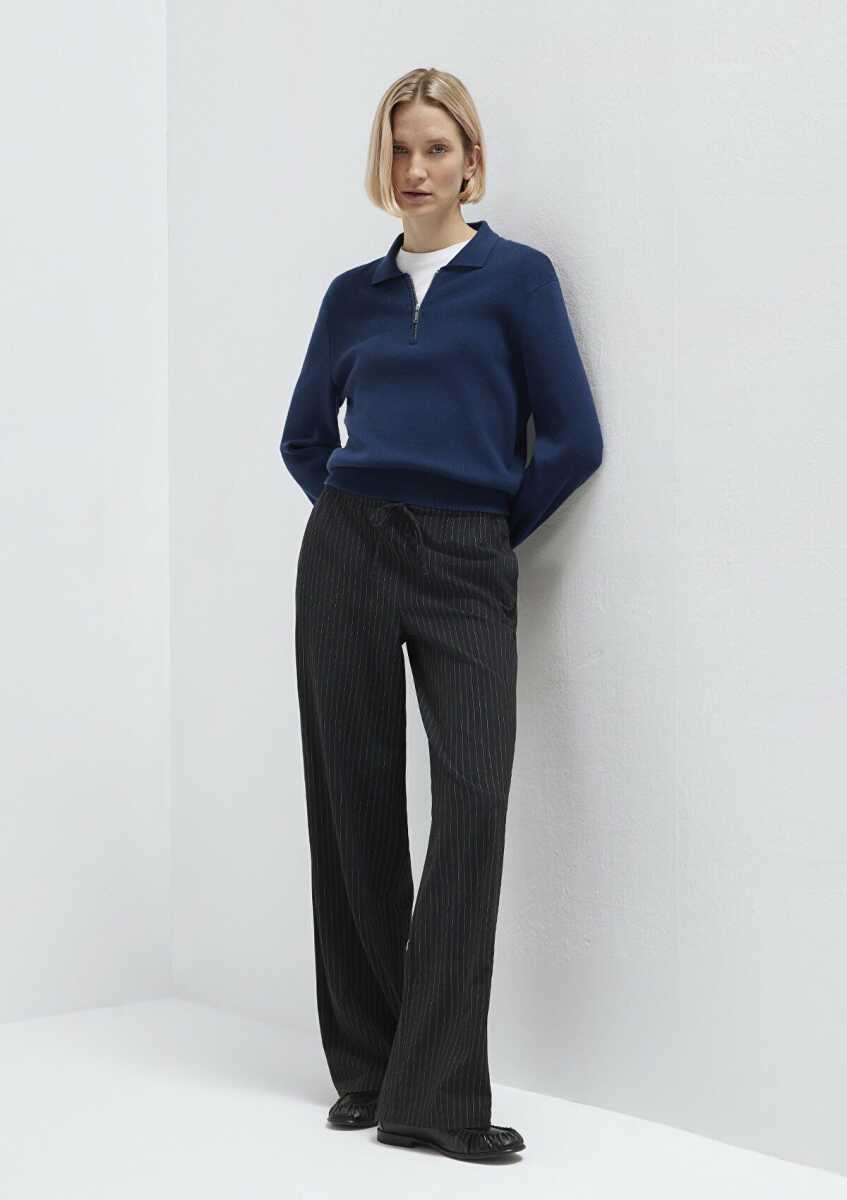 Mavi Beli Bağcıklı Çizgili Antrasit Kadın Pantolon 1011153-91492