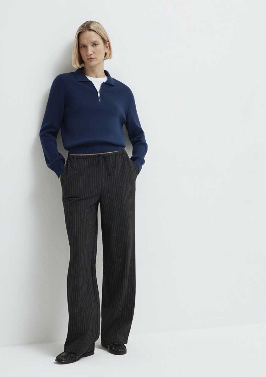 Mavi Beli Bağcıklı Çizgili Antrasit Kadın Pantolon 1011153-91492 (1)