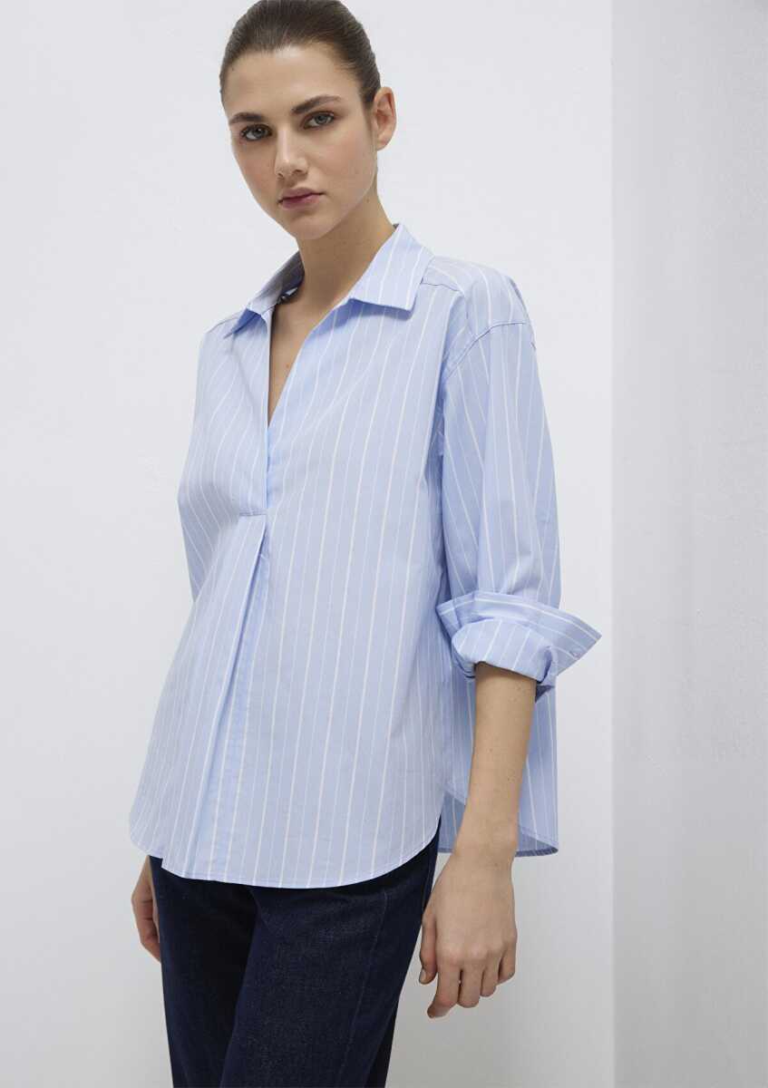 Mavi Beyaz Çizgili Mavi Loose Fit Kadın Bluz 1211226-84035 (1)
