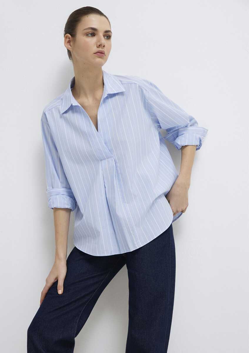Mavi Beyaz Çizgili Mavi Loose Fit Kadın Bluz 1211226-84035 - 1
