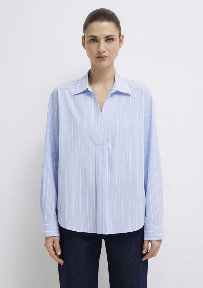 Mavi Beyaz Çizgili Mavi Loose Fit Kadın Bluz 1211226-84035 - 3