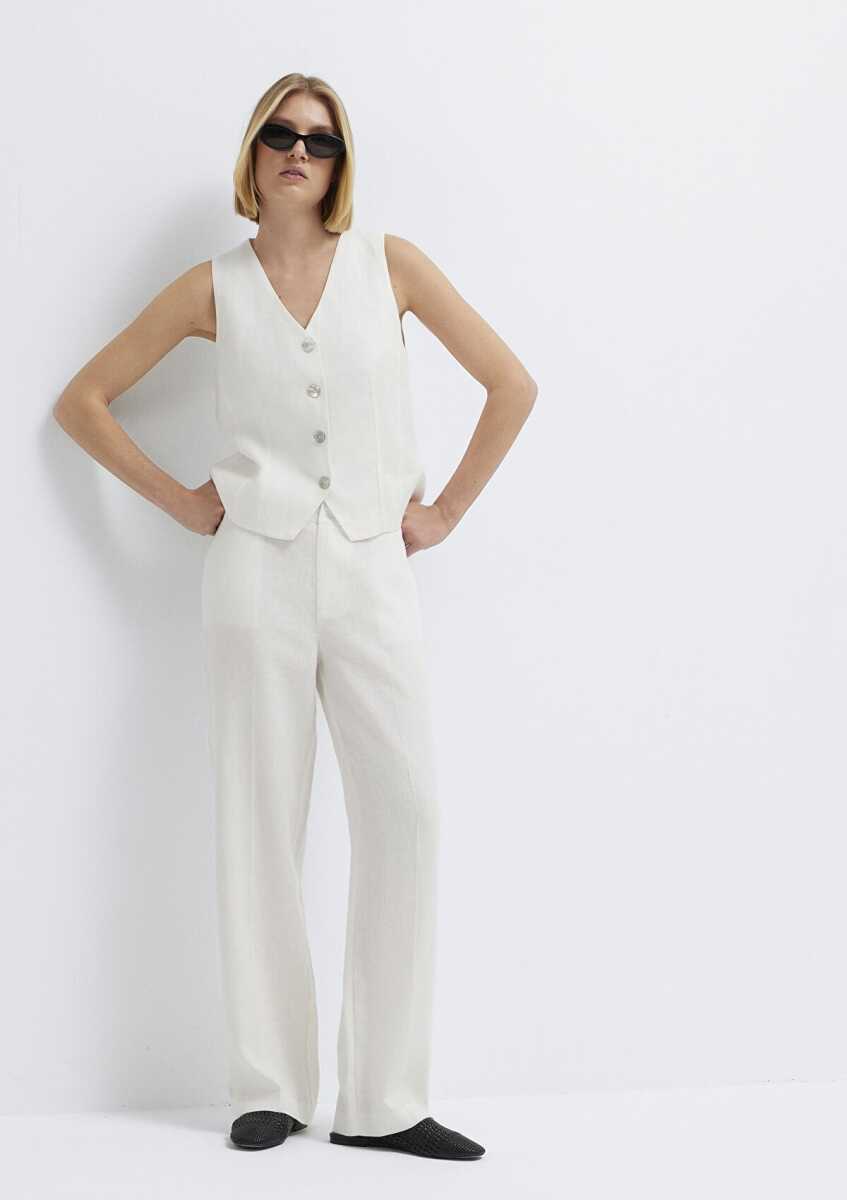 Mavi Beyaz Geniş Paça Keten Kadın Pantolon 1011186-70057