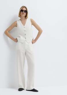 Mavi Beyaz Geniş Paça Keten Kadın Pantolon 1011186-70057 