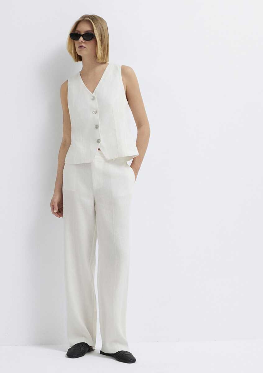 Mavi Beyaz Geniş Paça Keten Kadın Pantolon 1011186-70057 (1)