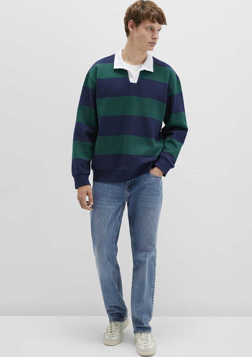 Mavi Blok Renkli Loose Fit Bisiklet Yaka Erkek Sweat 0S10491-70497 - 2