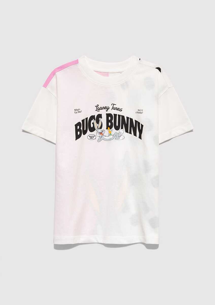 Mavi Bugs Bunny Baskılı Ekru Loose Fit Çocuk Tişört 7610454-70057