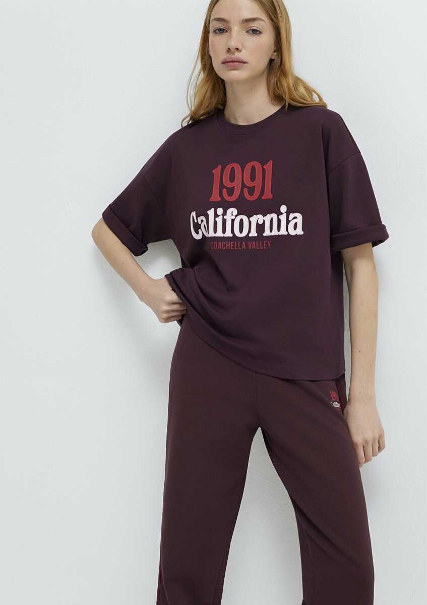 Mavi California Baskılı Bordo Loose Fit Kadın Tişört 1613913-70223 - 2
