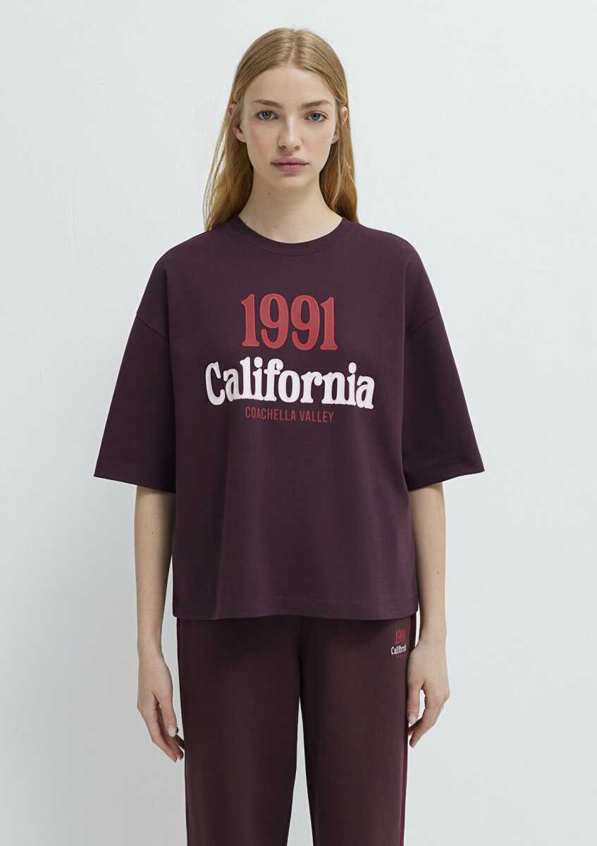 Mavi California Baskılı Bordo Loose Fit Kadın Tişört 1613913-70223 - 4