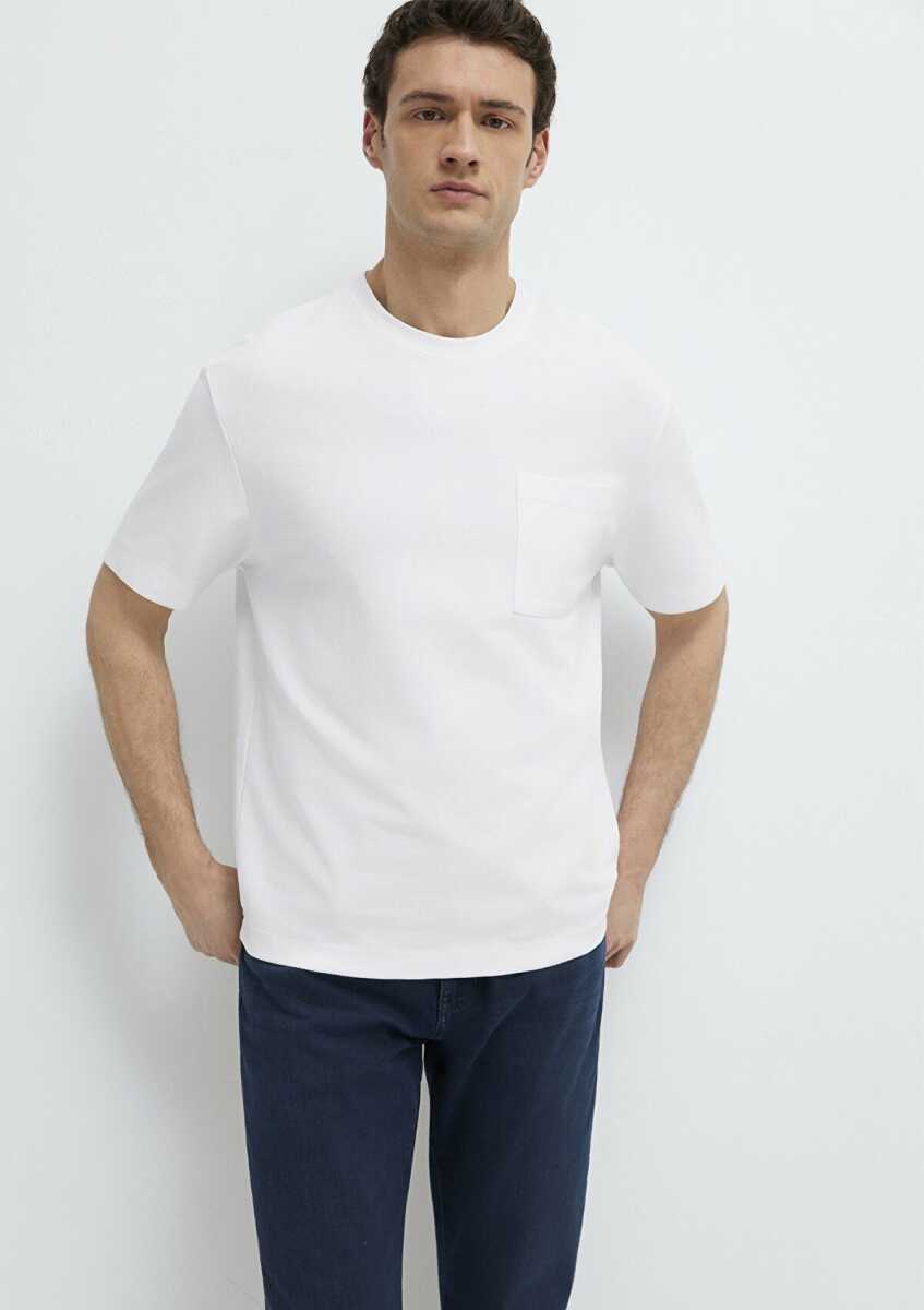 Mavi Cepli Beyaz Basic Loose Fit Erkek Tişört 0613339-620 (1)