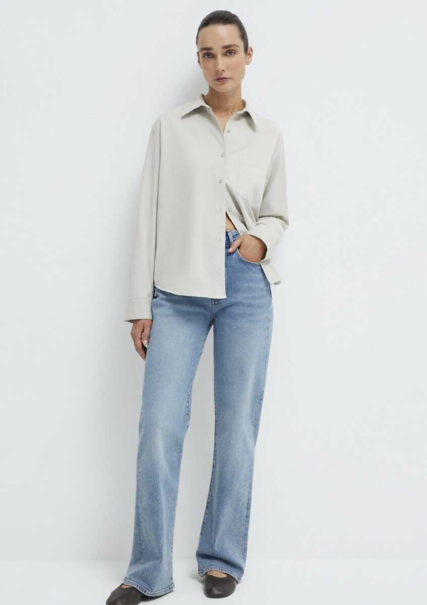 Mavi Cepli Gri Loose Fit Kadın Gömlek 1211385-80618 - 1