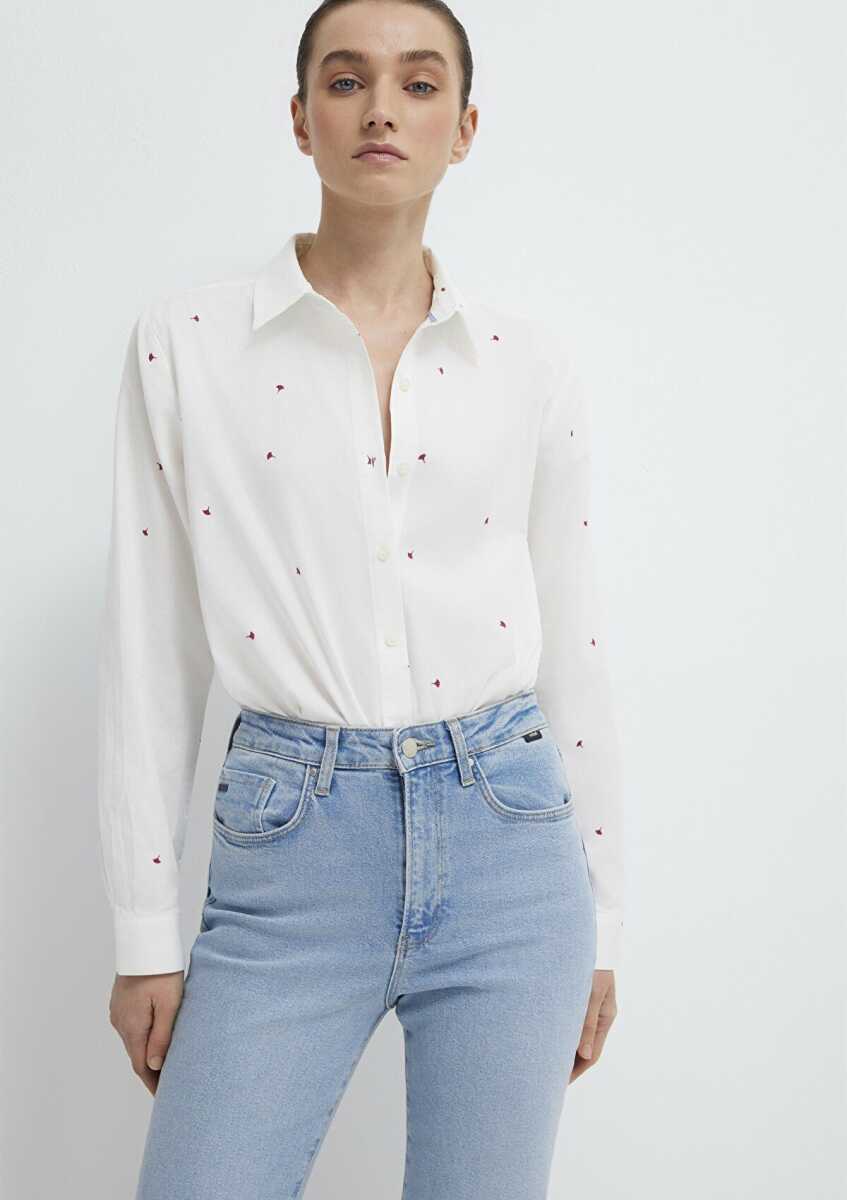 Mavi Çiçek Baskılı Ekru Loose Fit Kadın Gömlek 1210610-91381