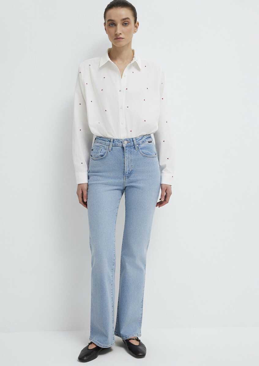 Mavi Çiçek Baskılı Ekru Loose Fit Kadın Gömlek 1210610-91381 (1)