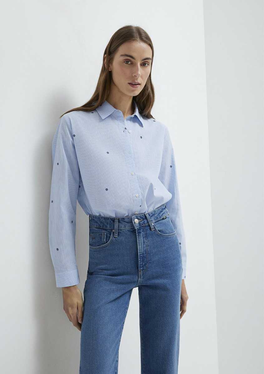 Mavi Çiçek Baskılı MaviLoose Fit Kadın Gömlek 1210610-91382