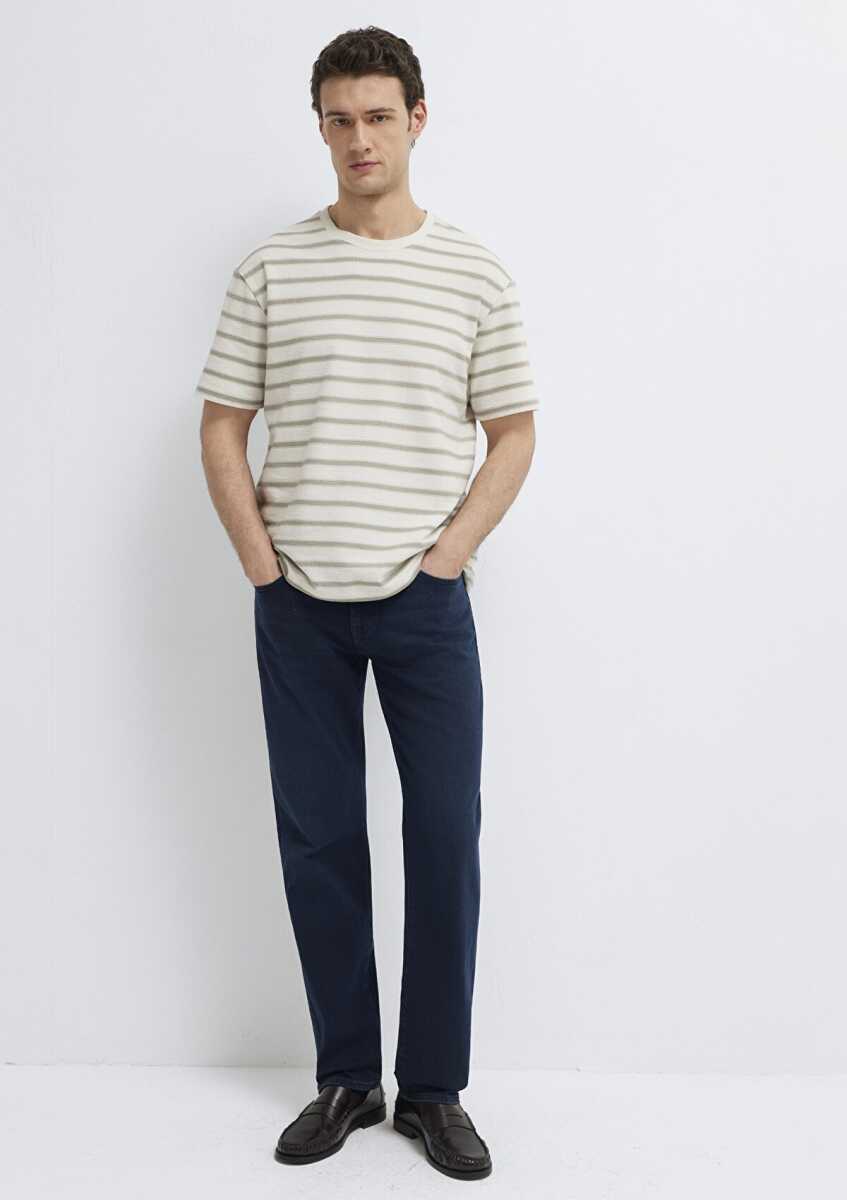 Mavi Çizgili Bej Loose Fit Erkek Tişört 0613343-70352 - 1