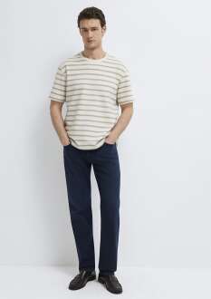 Mavi Çizgili Bej Loose Fit Erkek Tişört 0613343-70352