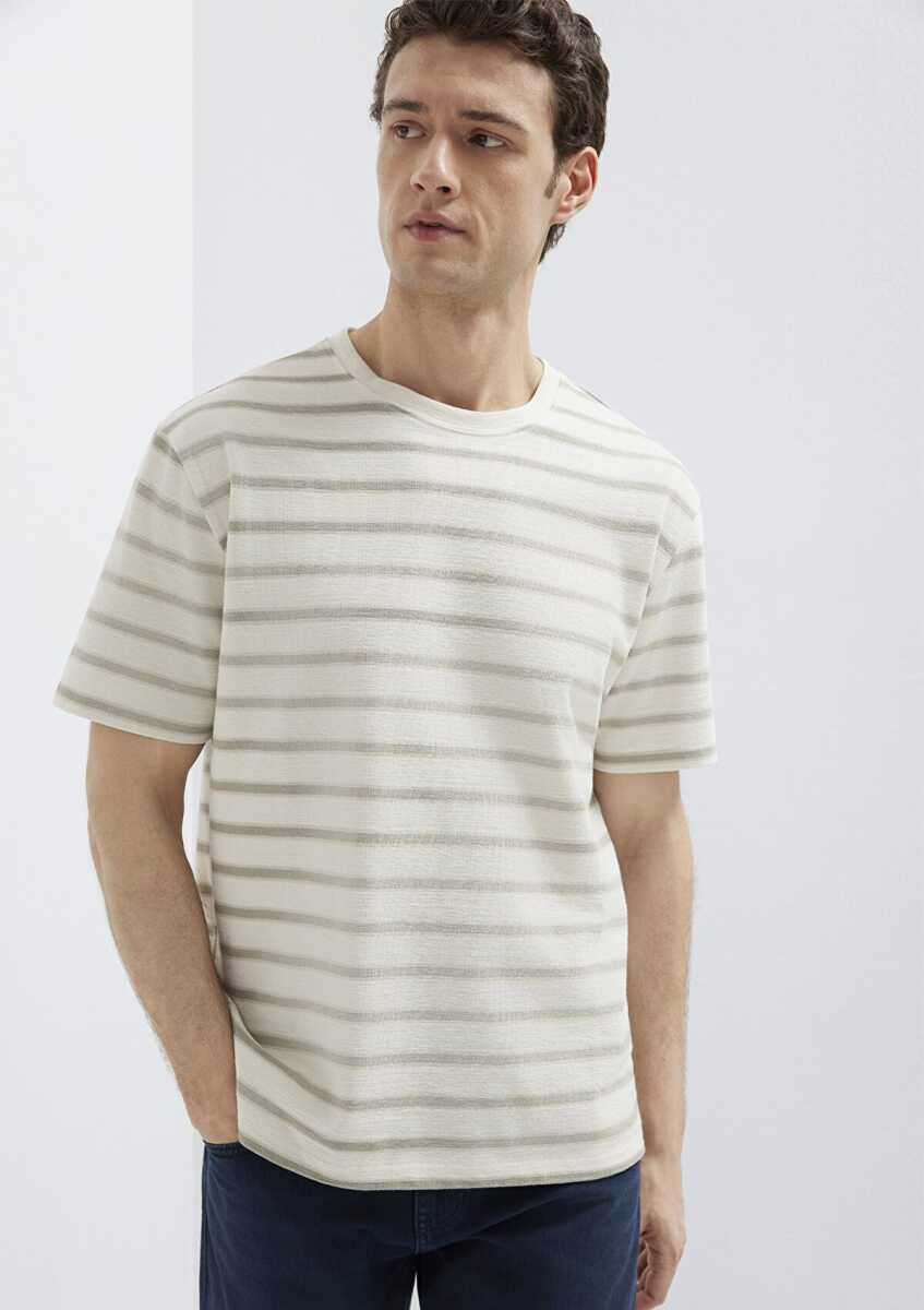 Mavi Çizgili Bej Loose Fit Erkek Tişört 0613343-70352 - 2