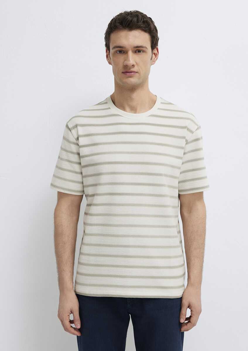 Mavi Çizgili Bej Loose Fit Erkek Tişört 0613343-70352 - 3