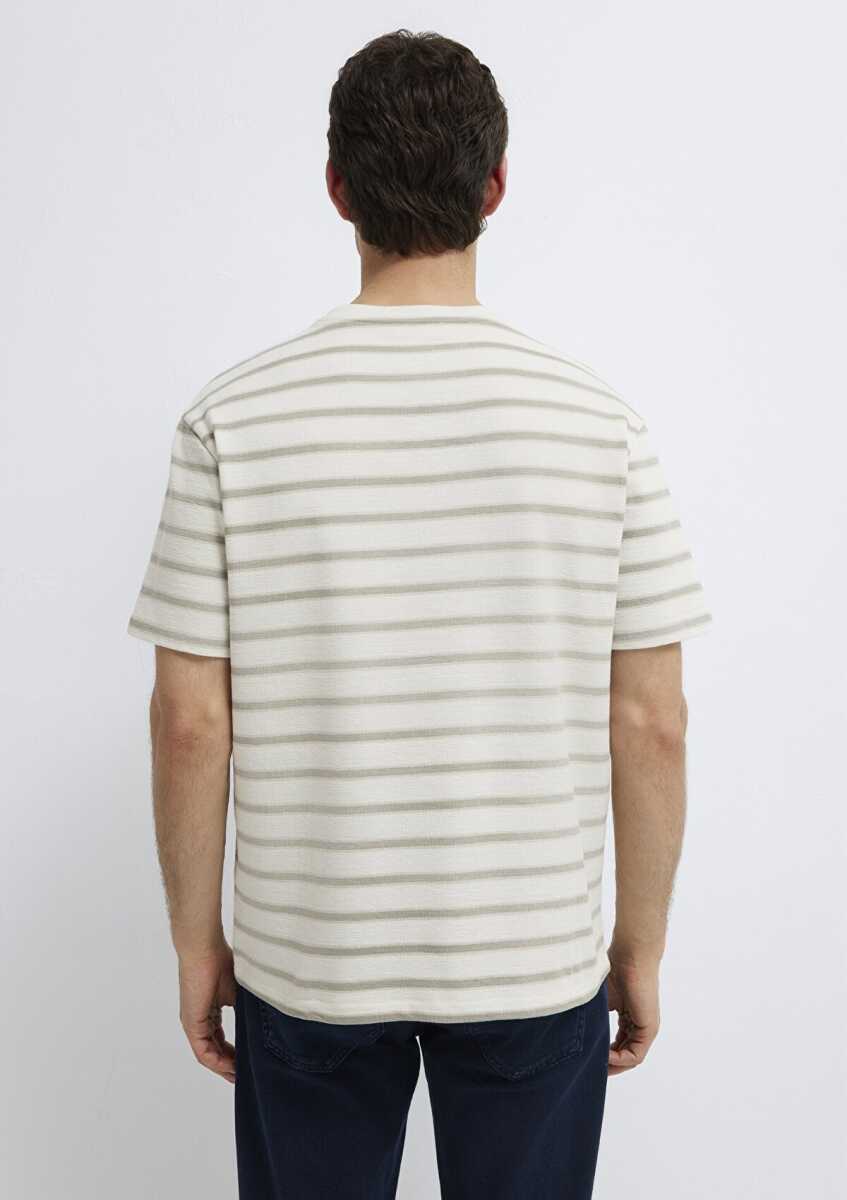 Mavi Çizgili Bej Loose Fit Erkek Tişört 0613343-70352 - 5