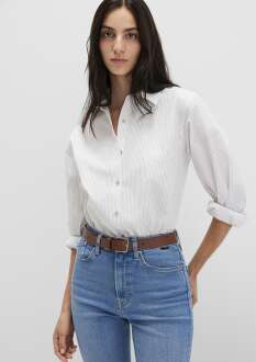 Mavi Çizgili Beyaz Loose Fit Kadın Gömlek 1211292-83980