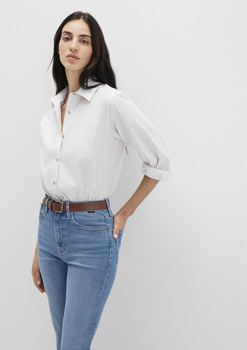 Mavi Çizgili Beyaz Loose Fit Kadın Gömlek 1211292-83980 - Mavi (1)
