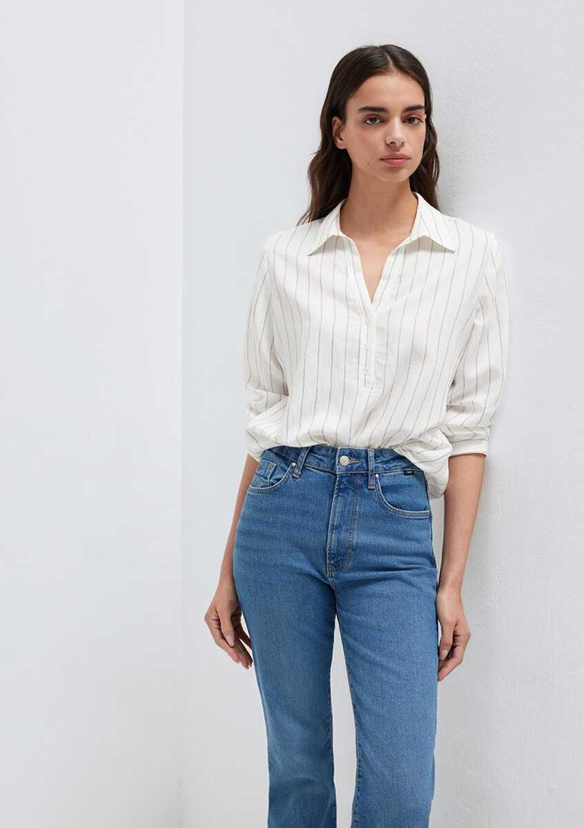 Mavi Çizgili Beyaz Regular Fit Kadın Gömlek1211427-83485