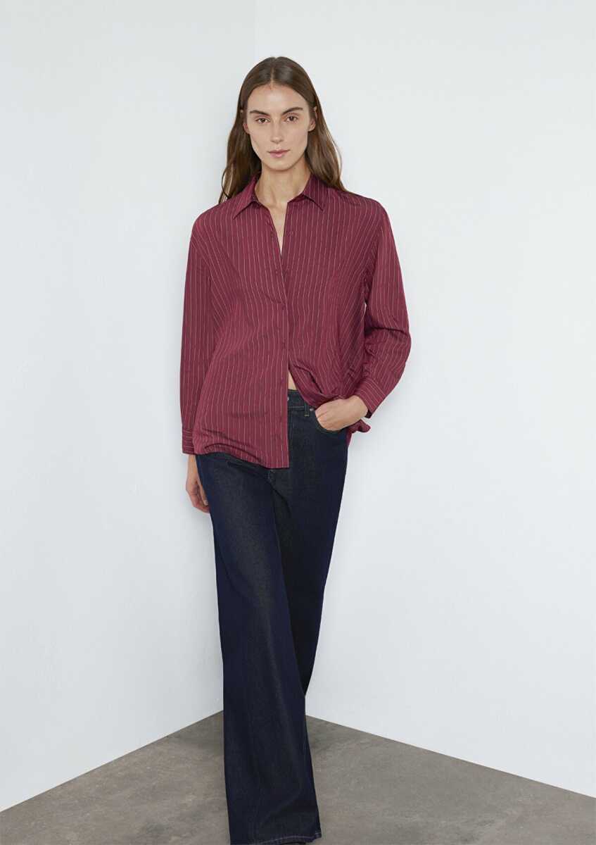 Mavi Çizgili Bordo Loose Fit Kadın Gömlek 1210683-91379 - Mavi
