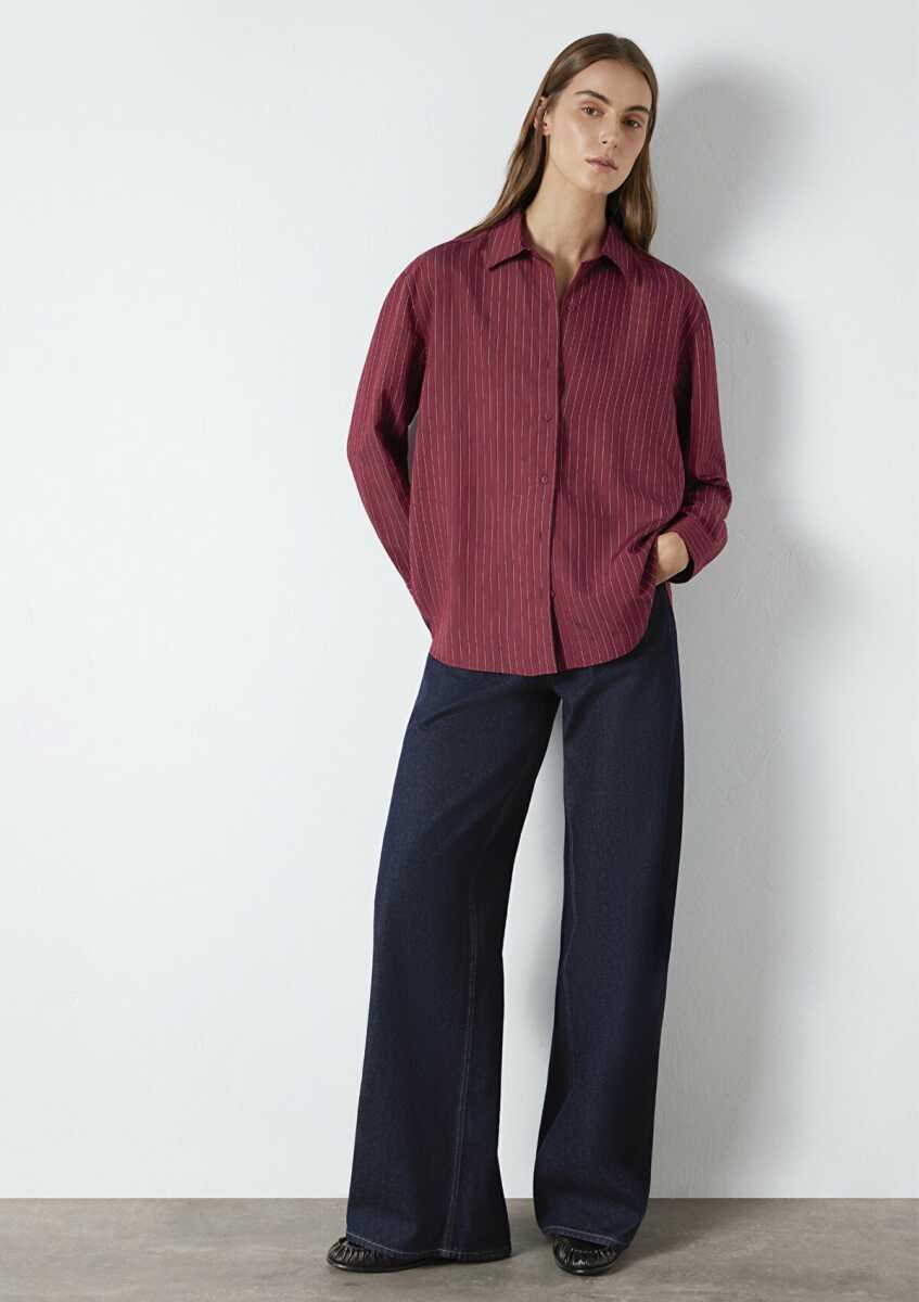 Mavi Çizgili Bordo Loose Fit Kadın Gömlek 1210683-91379 - Mavi (1)