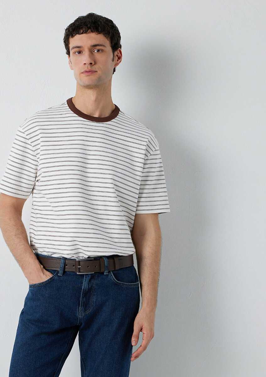 Mavi Çizgili Ekru Loose Fit Erkek Tişört 0613544-90892 - 1