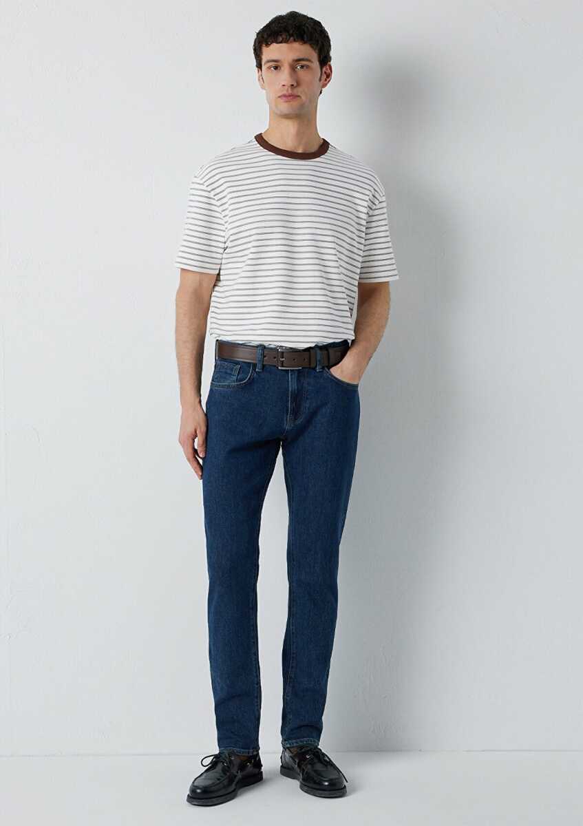 Mavi Çizgili Ekru Loose Fit Erkek Tişört 0613544-90892 - 2