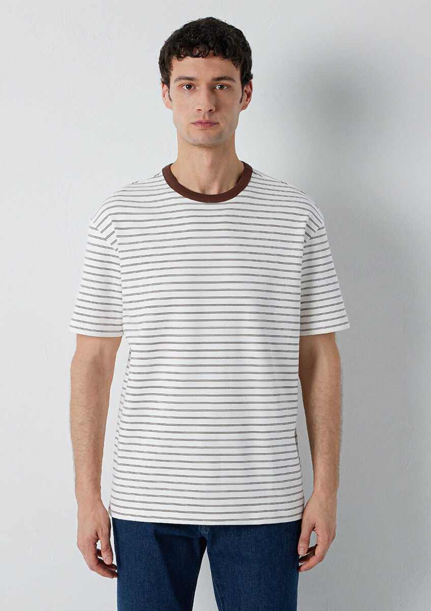 Mavi Çizgili Ekru Loose Fit Erkek Tişört 0613544-90892 - 3