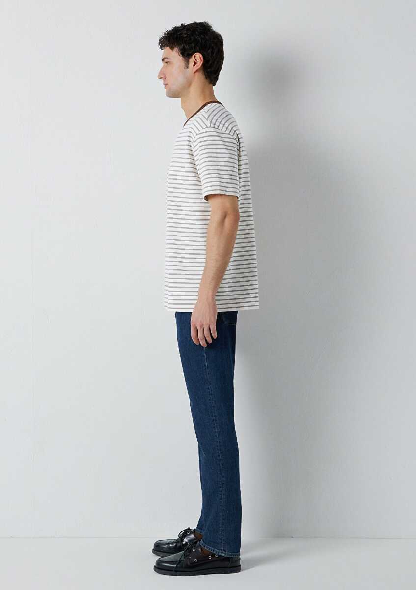 Mavi Çizgili Ekru Loose Fit Erkek Tişört 0613544-90892 - 4